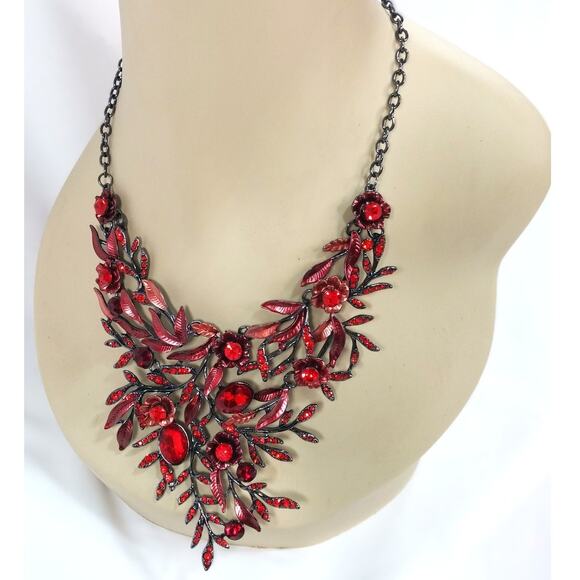 Red Necklace BriLove Crystal Blossom Floral  Leaf Collar Matching Earrings Set - Picture 4 of 16